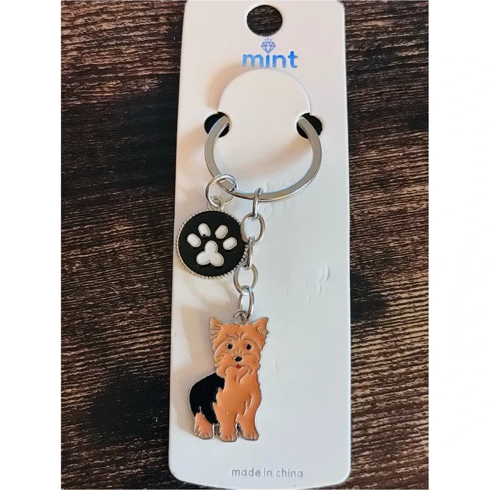 Yorkshire Terrier Yorkie Dog Enamel Keychain Paw Print Charm Silver Tone NWT